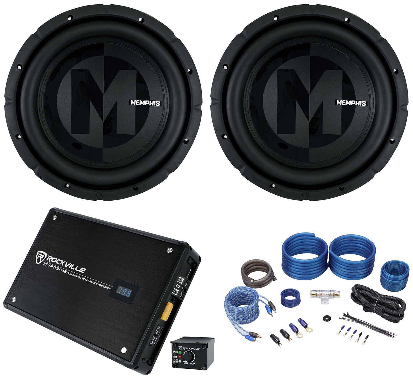 (2) Memphis Audio PRX1224 600 Watt 12" Subwoofers PR Subs+Mono Amplifier+Amp Kit