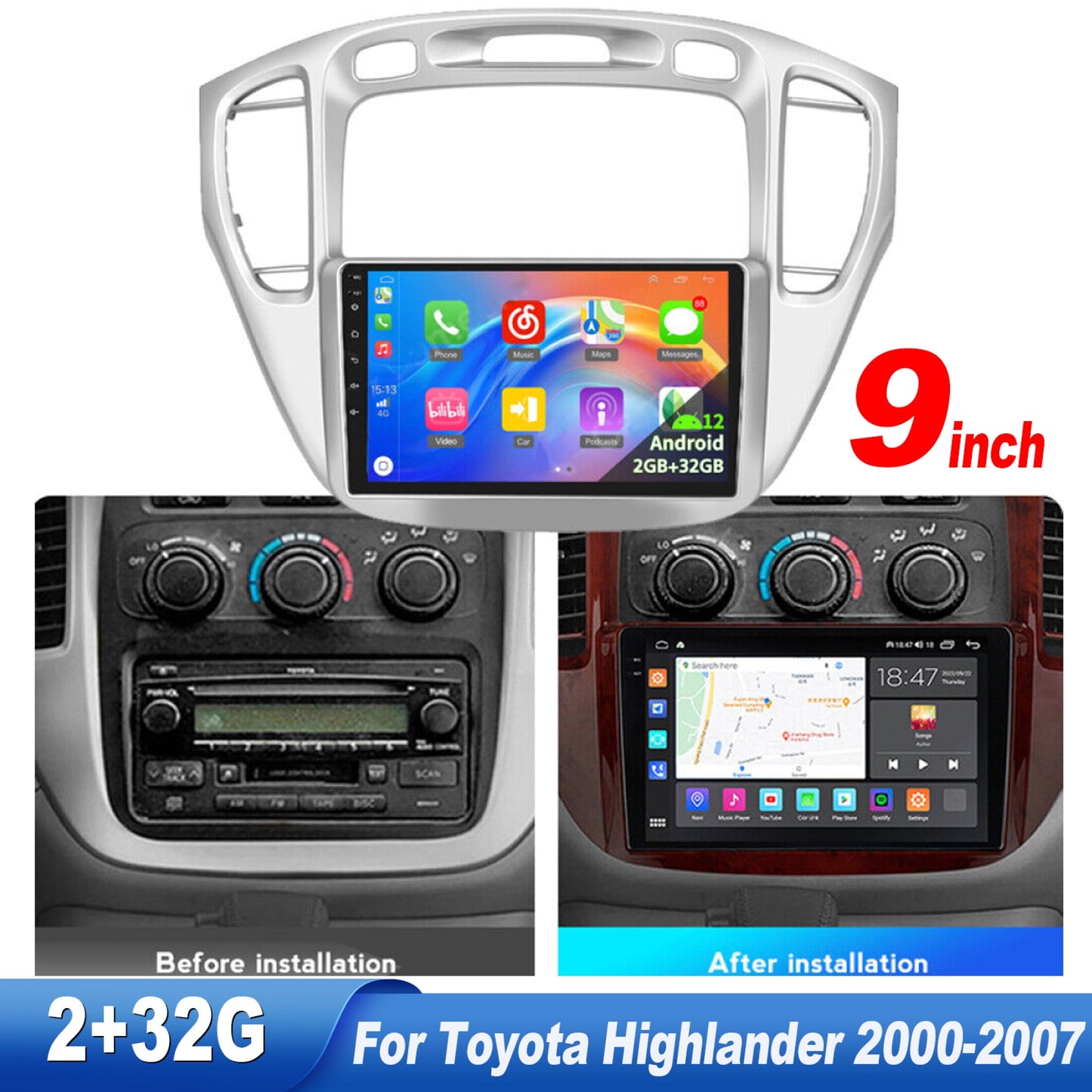 Zcargel Android 12 Car Stereo for Toyota Highlander 2000-2007 with Canbus Wireless Carplay and Android Auto 9 inch Touchscreen Radio Bluetooth GPS WiFi Hi-Fi + Backup Camera Mic 2+32G